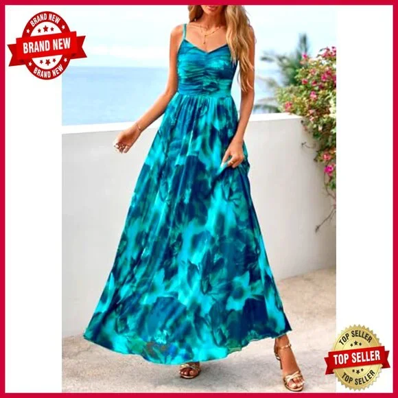 Floral Maxi Dress Boho Spaghetti Strap Mesh Sundress Elegant Party Beach Wear - Picture 5 of 7